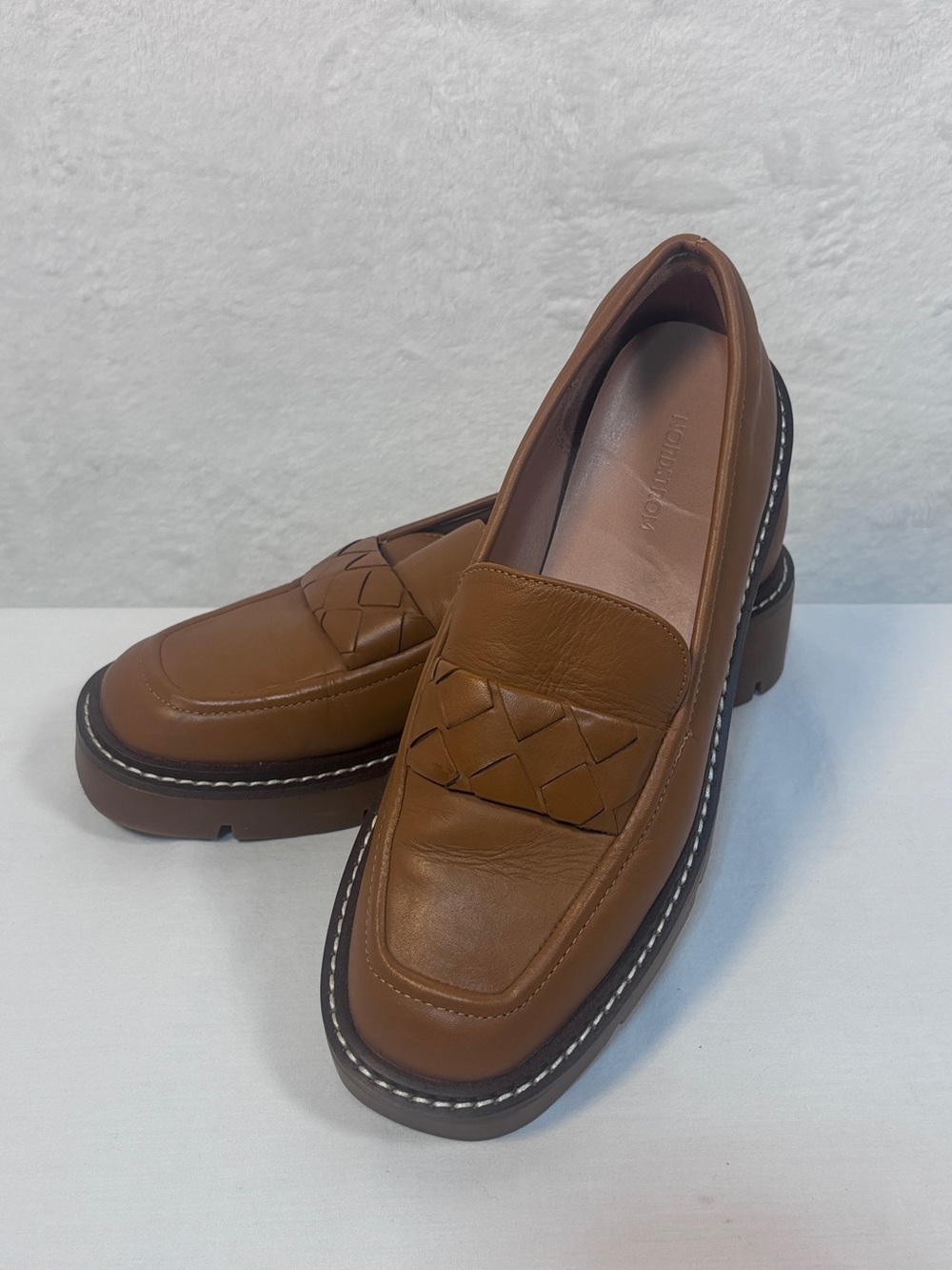 Nordstrom Cognac Brown Leather Woven Loafer Platform Lug Sole Women 6.5 NEW